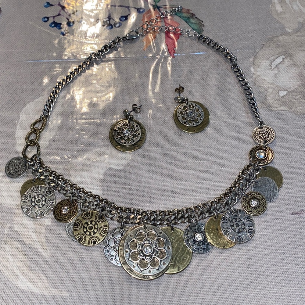 Silver and Gold Tone Statement Necklace with Earrings